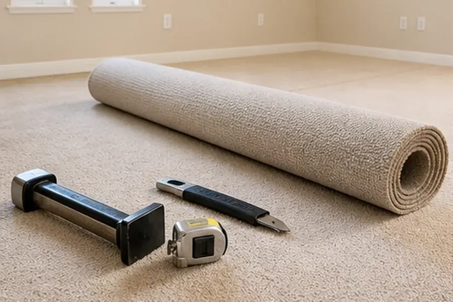 Roll of new carpet with installation tools