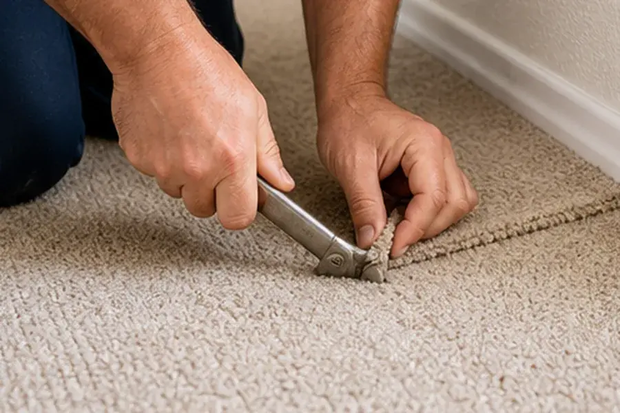 Carpet being re-stretched and repaired along a wall