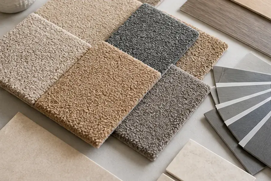 Carpet, tile, and plank flooring samples laid out for comparison