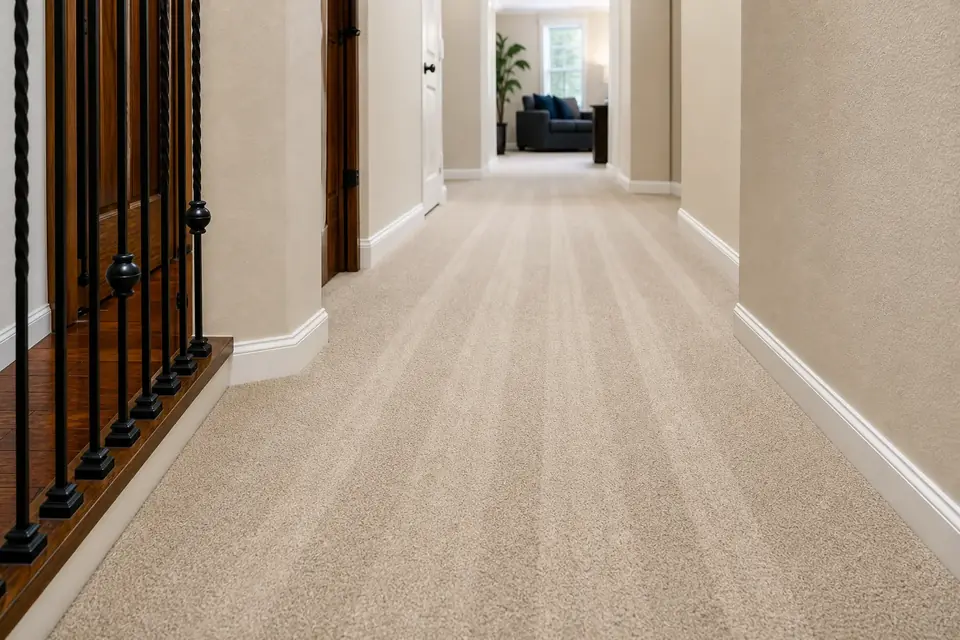 Freshly cleaned carpet with even lines down a home hallway