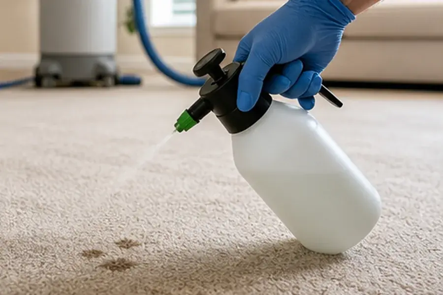 Technician in gloves spraying odor treatment on a carpet spot